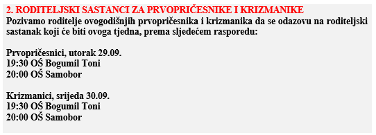 RODITELJSKI SASTANCI ZA PRVOPRIČESNIKE I KRIZMANIKE